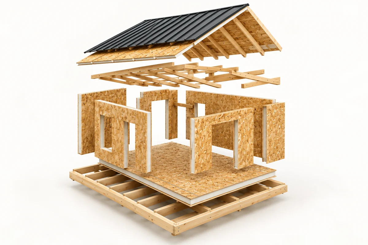 Illustration of an exploded self-build SIP kit showing the floor, insulated wall panels, timber connections and pitched roof