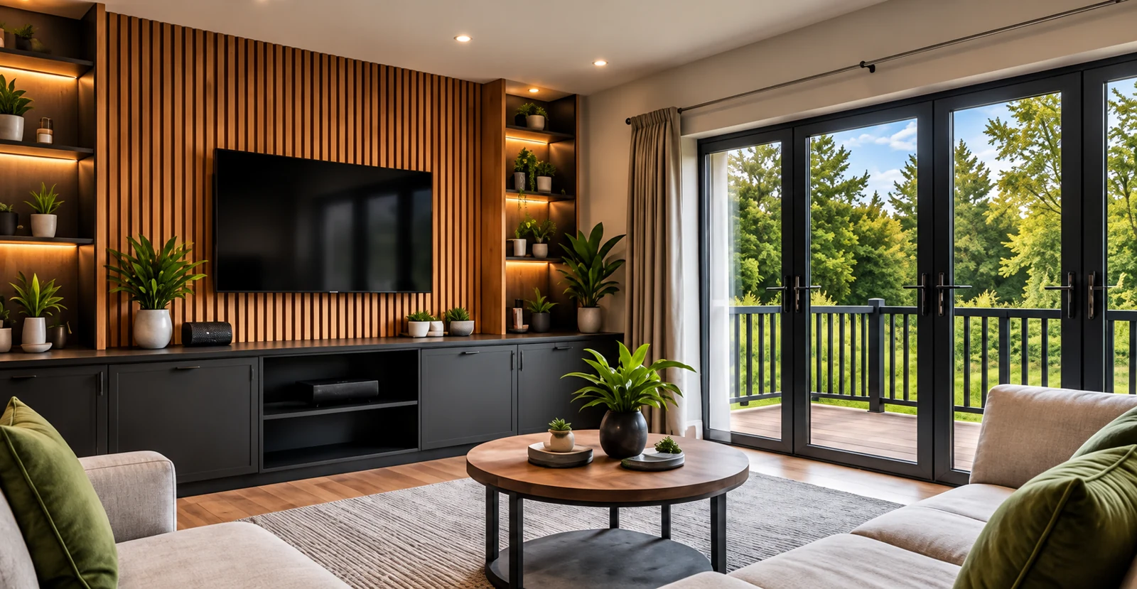 Illustrative lodge interior with feature wall and warm lighting
